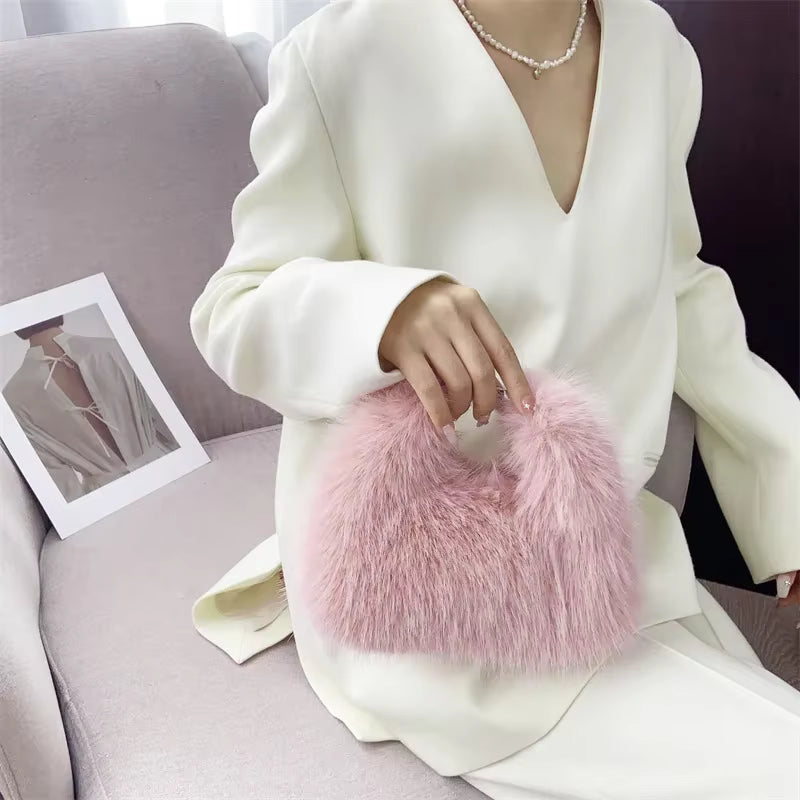 Luxury Faux Fur Shoulder Bag – Soft Plush Women’s Evening Clutch & Fluffy Crossbody Tote