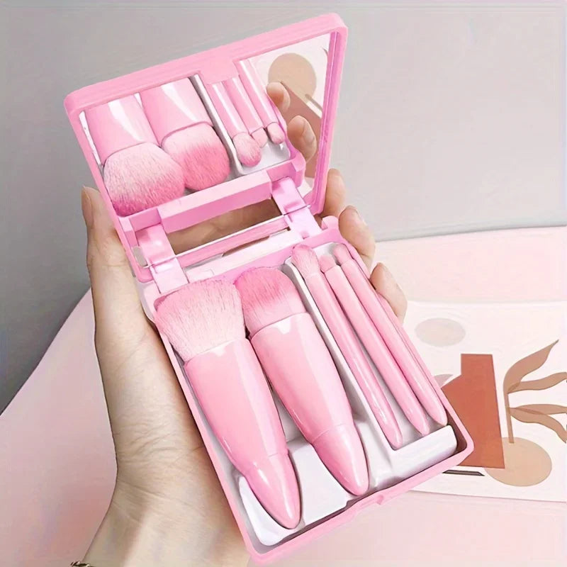 Mini Travel Makeup Brush Set – 5pcs Portable Kit with Mirror