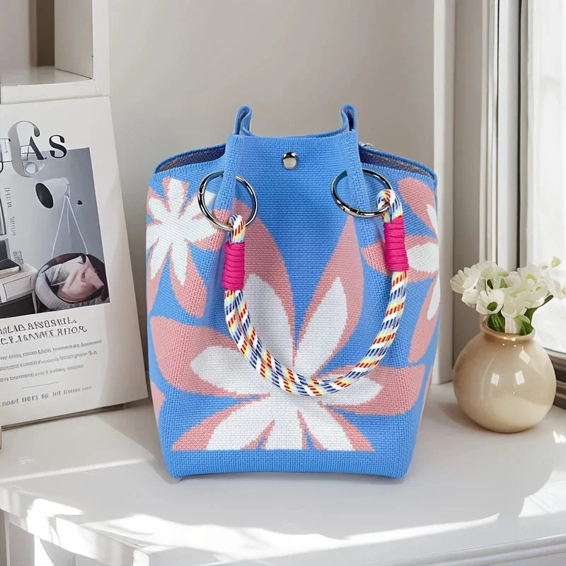 Women’s Vintage Floral Knit Tote Bag – Lightweight Shoulder Bag with Adjustable Straps & Snap Closure