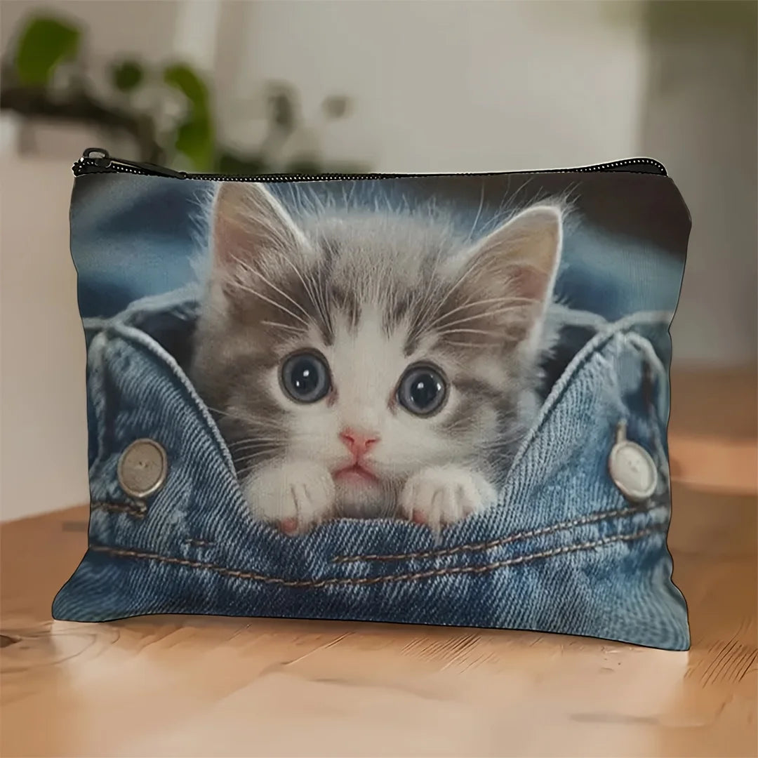 Mini Cat Themed Makeup Bag - Cute Multifunctional Cosmetic & Jewellery Organizer Pouch