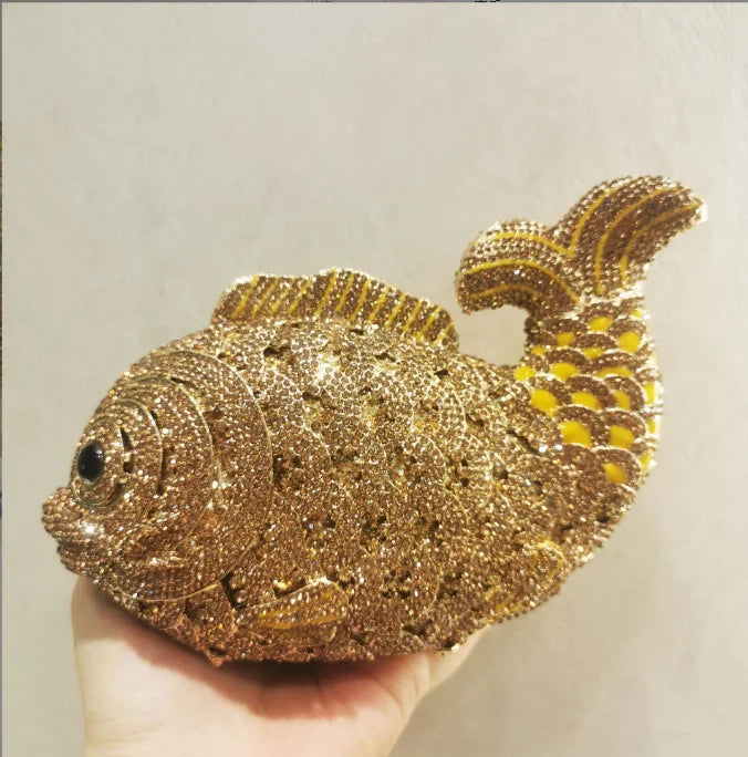 Fish Rhinestone Evening Clutch – Gold Crystal Minaudière Wedding & Party Handbag