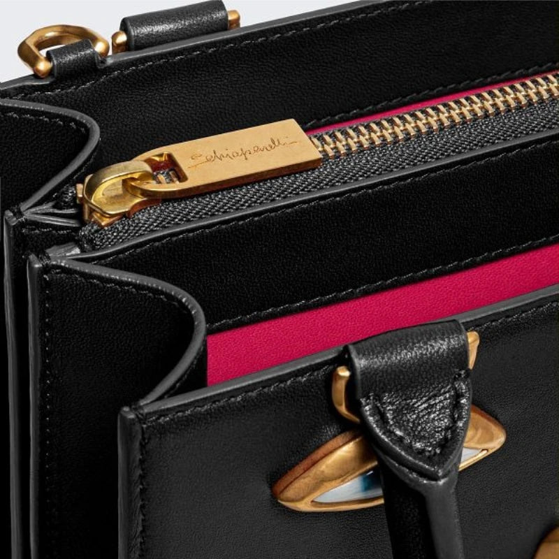 Mini Face Bag – Genuine Black Leather Crossbody with Gold‑Tone Jewellery Details