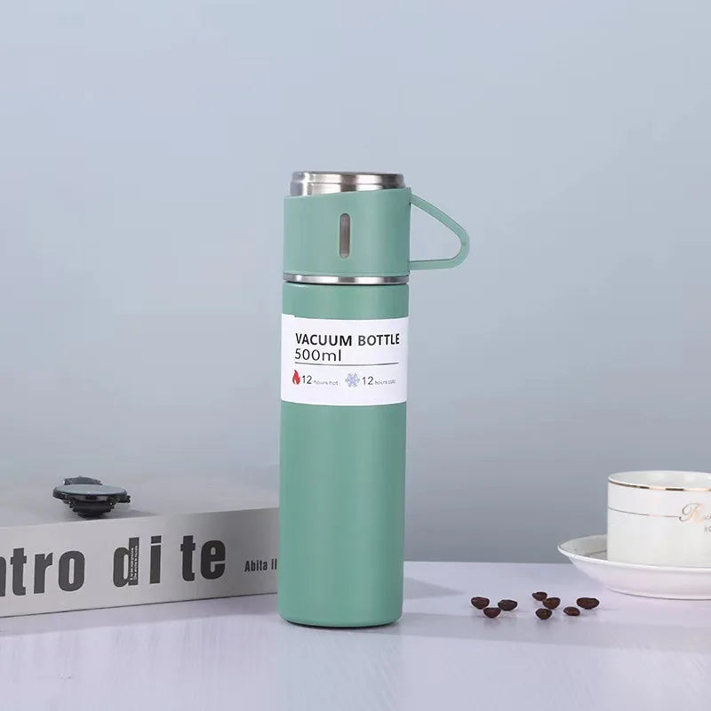 500ml stainless steel vacuum flask in Green with cup lid showing vacuum bottle label