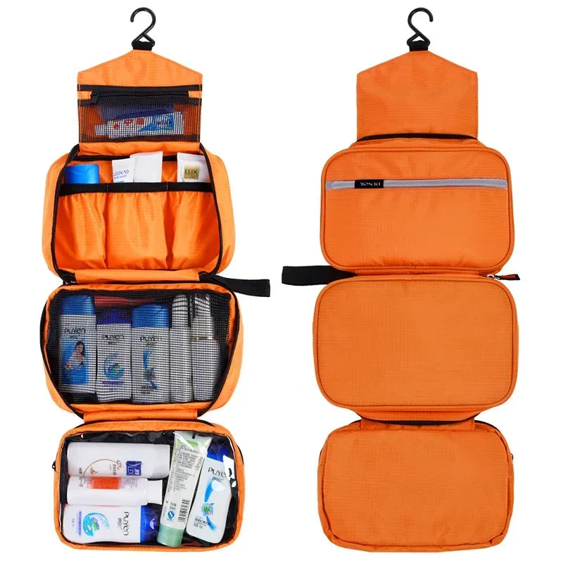 Orange hanging toiletry bag unrolled, shown filled with toiletries and the outside of bag