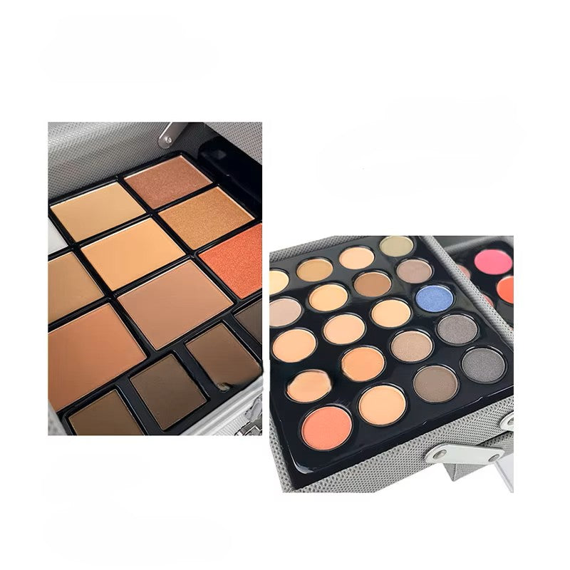 Close-up views of the makeup kit's contour and face powder pans and an eyeshadow palette tray with neutral warm shades