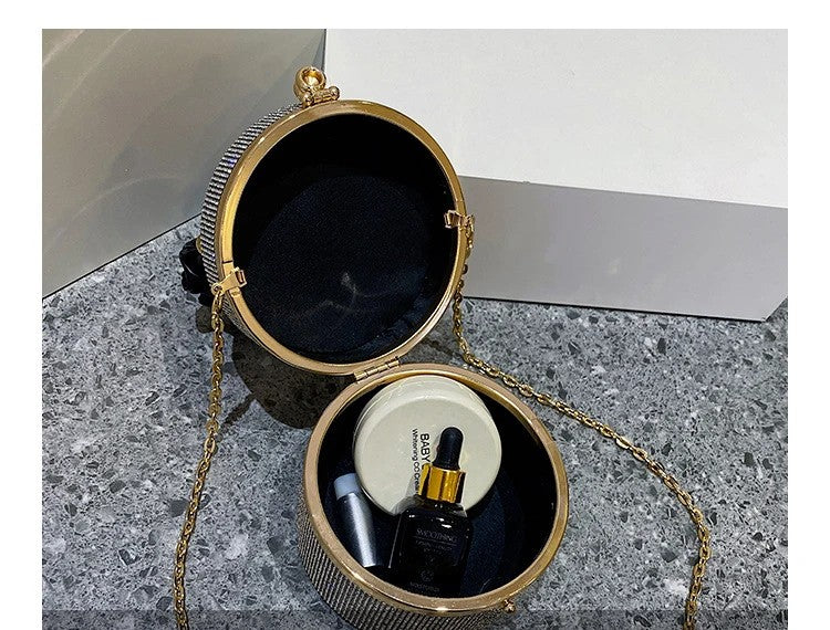 Mini Rhinestone Bucket Bag – Ruched Handle & Chain Crossbody