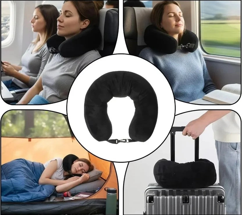 Woman wearing black fillable travel neck pillow on flight, train, using as a pillow camping and trapped to luggage. Centre picture off filled pillow clipped together