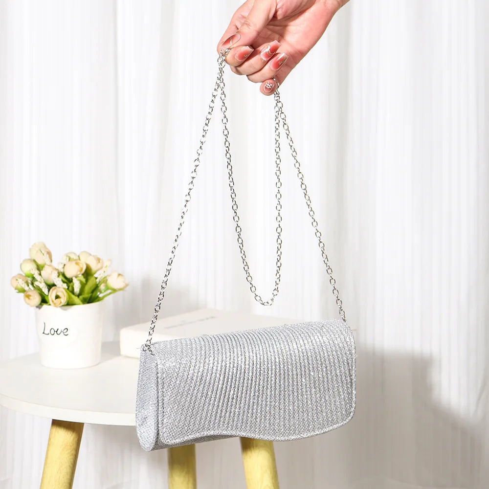 Glitter Fold Handbag – Shiny Envelope Evening Clutch with Chain