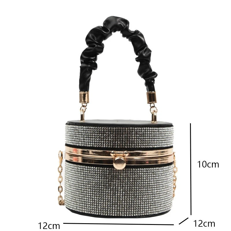 Mini Rhinestone Bucket Bag – Ruched Handle & Chain Crossbody