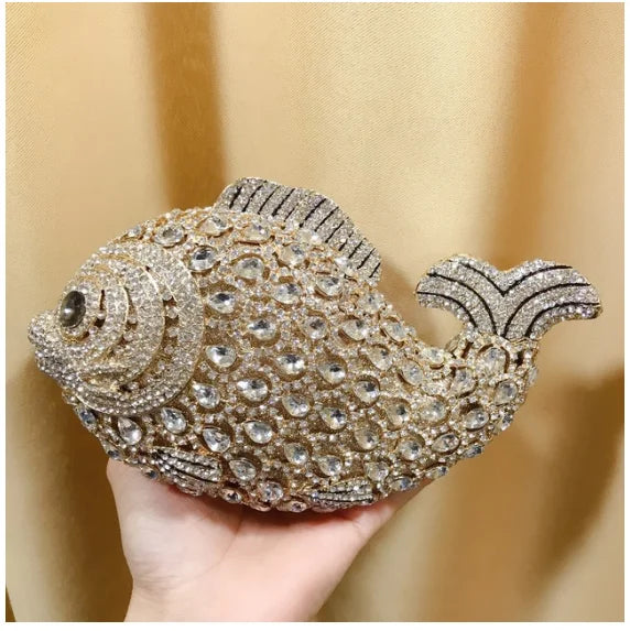 Fish Rhinestone Evening Clutch – Gold Crystal Minaudière Wedding & Party Handbag