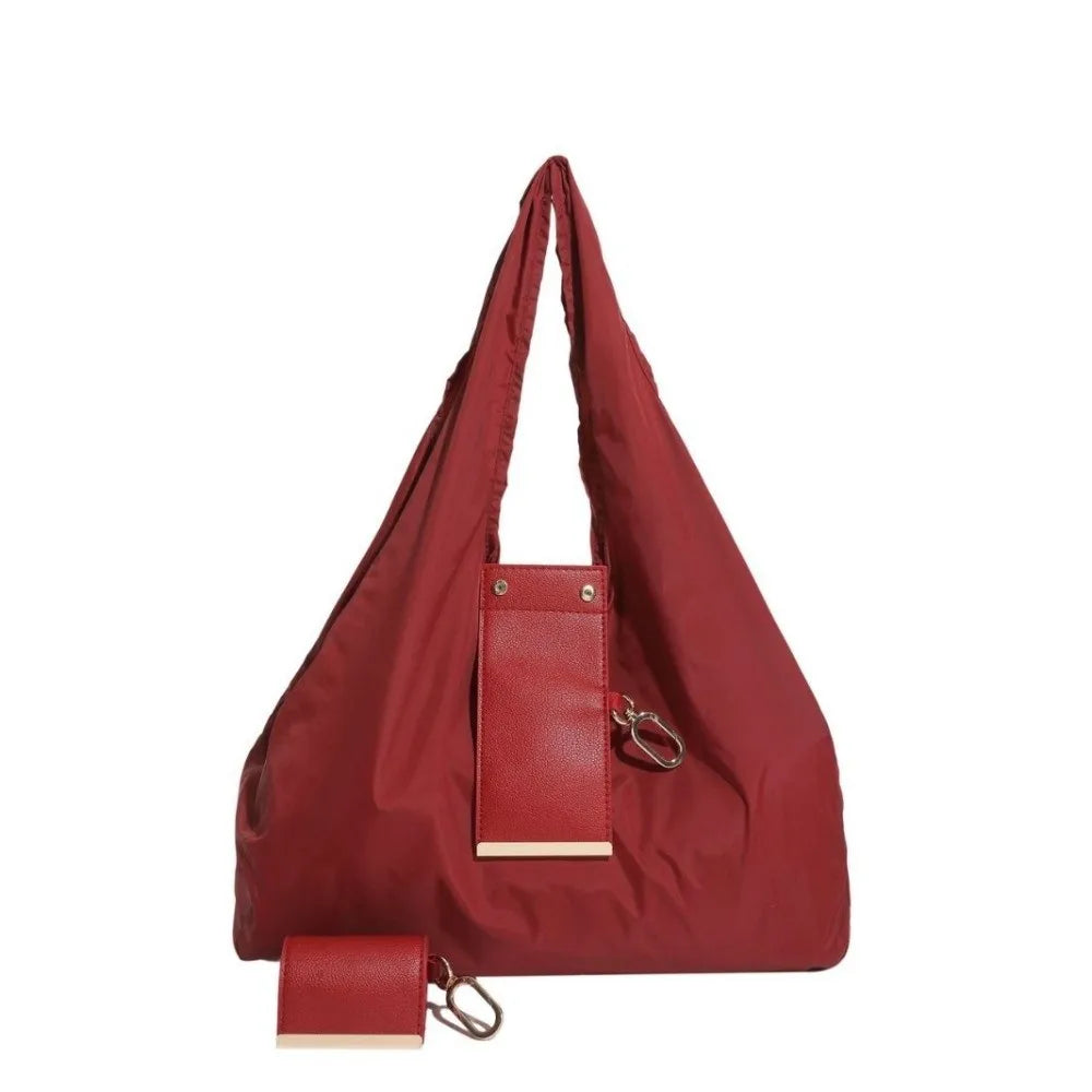 Reusable Mini Keychain Tote Bag in Red – foldable eco-friendly shopping bag with lux leather-look finish