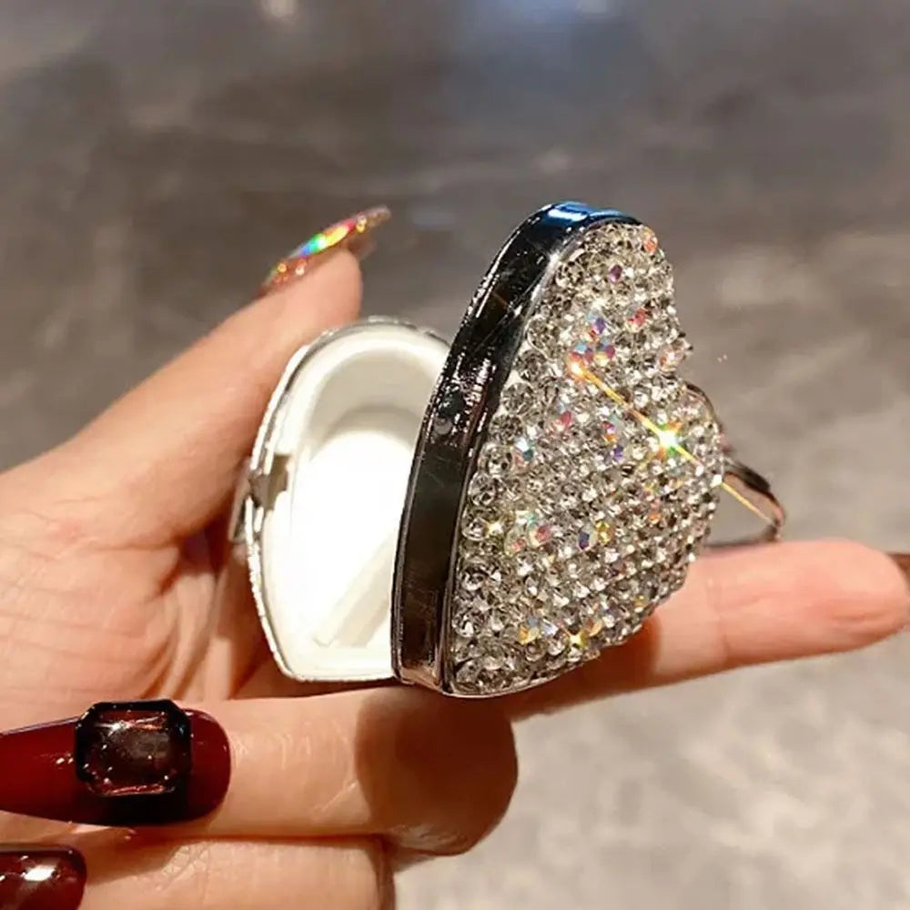 Shiny Rhinestone Heart Pill Box/Jewellery box – Mini Metal Travel Organizer with 2 Sections