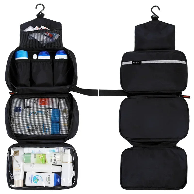Black hanging toiletry bag unrolled, shown filled with toiletries and the outside of bag