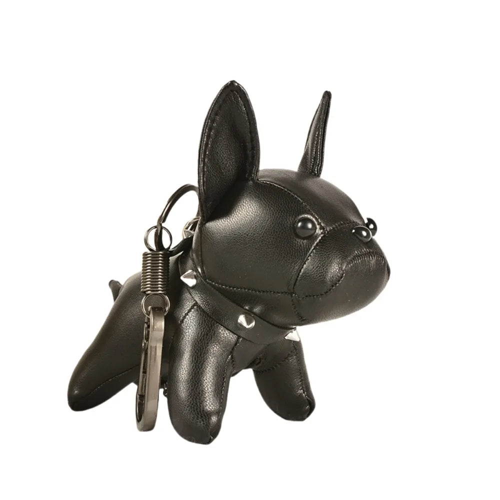 Kawaii French Bulldog leather keychain in black with silver spike collar and carabiner clip — cute chubby dog bag charm