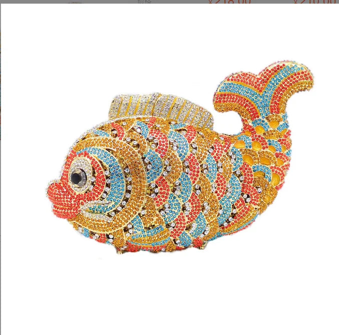 Fish Rhinestone Evening Clutch – Gold Crystal Minaudière Wedding & Party Handbag