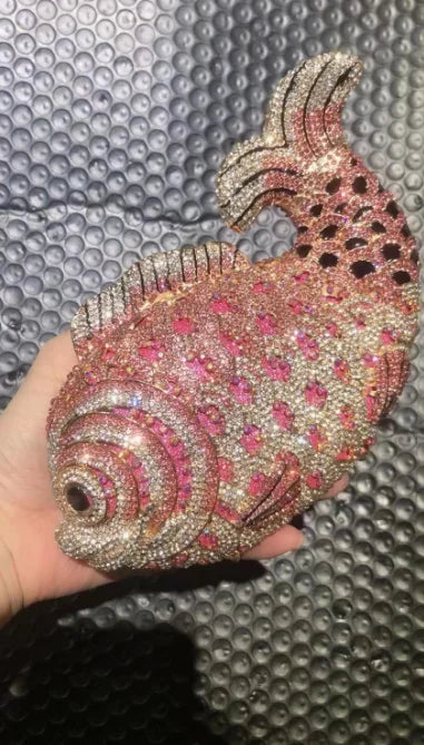 Fish Rhinestone Evening Clutch – Gold Crystal Minaudière Wedding & Party Handbag