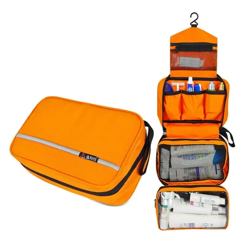 Orange foldable hanging toiletry bag shown closed and unrolled with toiletries in four compartments