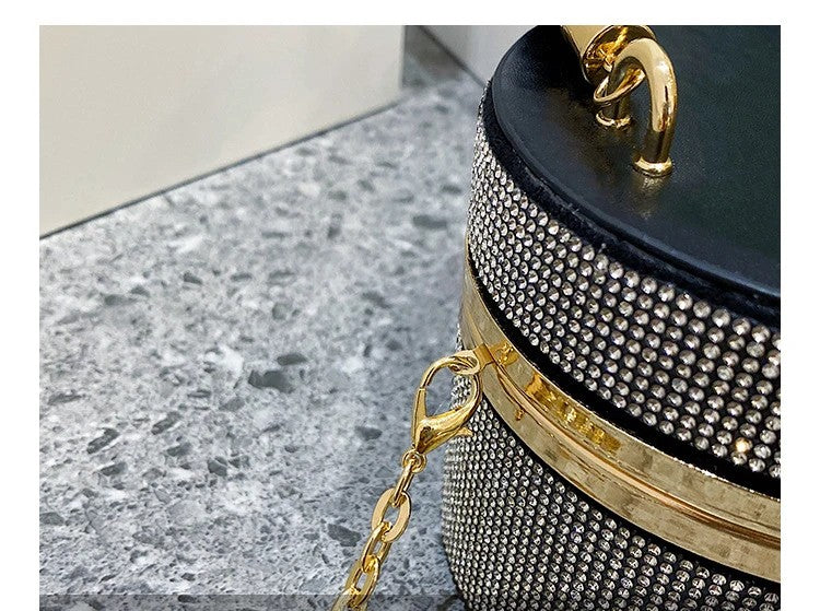 Mini Rhinestone Bucket Bag – Ruched Handle & Chain Crossbody