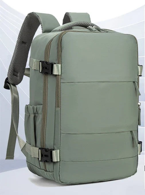 New army green 30L compression travel backpack with multiple pockets and compression buckles — foldable lightweight boarding bag