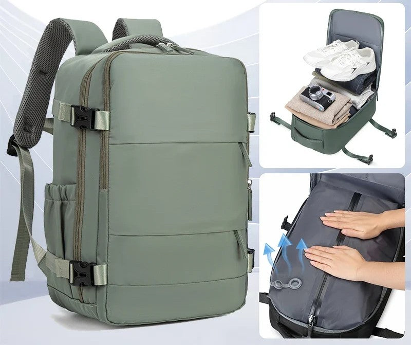 Army Green 30L compression travel backpack showing large capacity open with shoes and clothes packed, and one-way exhaust valve compression feature