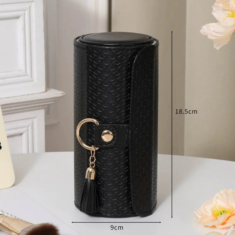 Portable Leather Jewellery Box – Cylinder Travel Case | Minimalist 3‑Layer Rotating Storage for Rings & Earrings