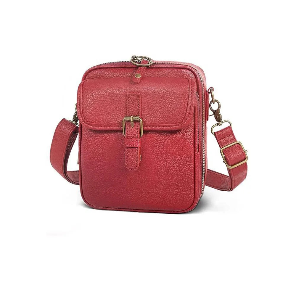 Vintage PU leather crossbody bag in red with gold-tone buckle front pocket and adjustable crossbody strap