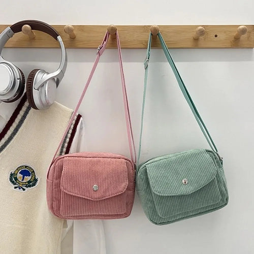 Corduroy Striped Crossbody Bag – Soft Casual Shoulder Bag with Adjustable Strap (Women’s Square Bag)