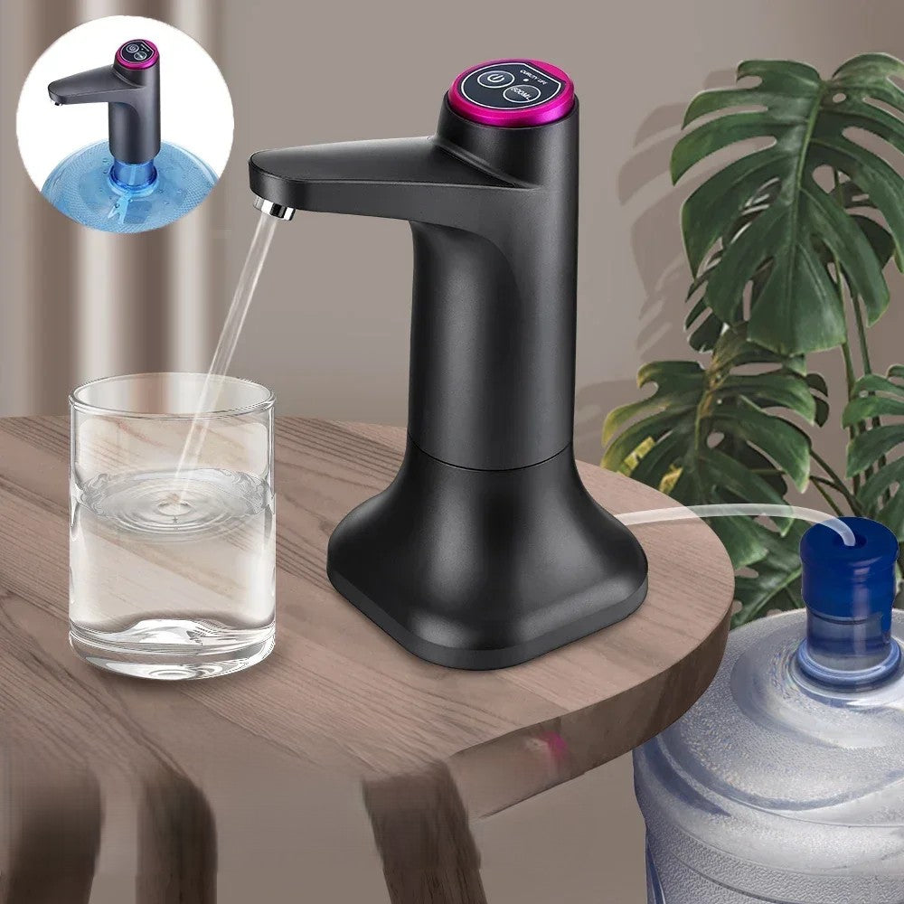 Black electric water pump on its base filling a glass, with a barreled-water bottle and plant in the background
