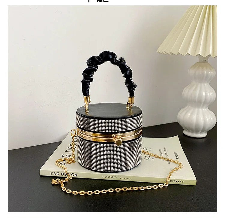 Mini Rhinestone Bucket Bag – Ruched Handle & Chain Crossbody