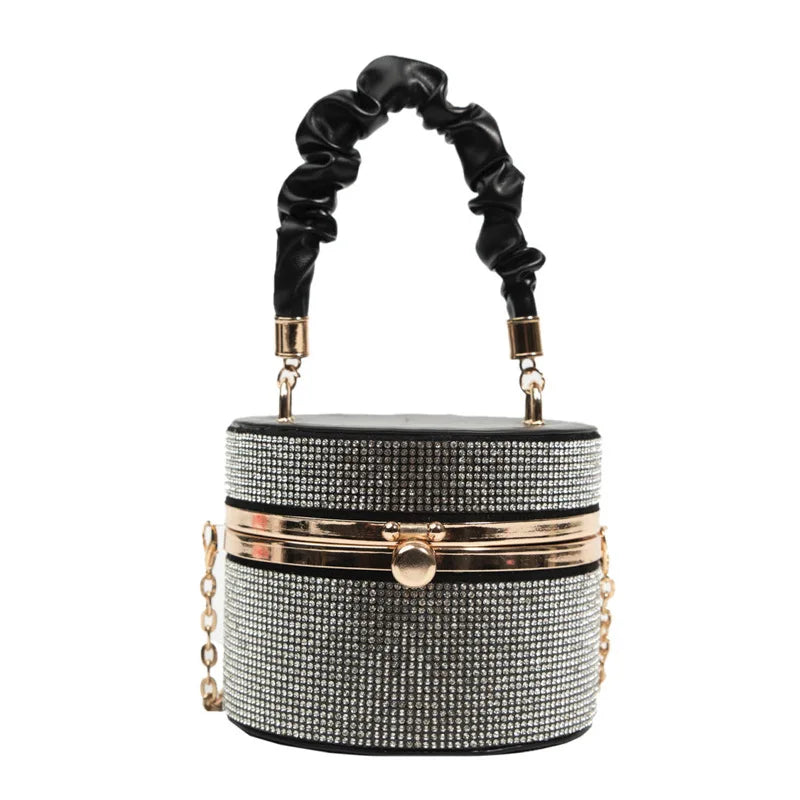 Mini Rhinestone Bucket Bag – Ruched Handle & Chain Crossbody