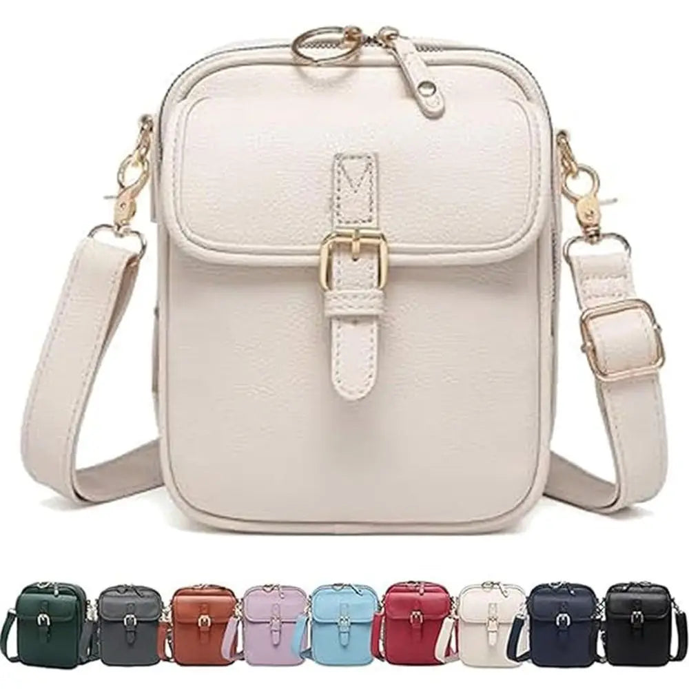 Vintage PU leather crossbody bag showing all 9 colour options - grey, black, red, green, light purple, light brown, sky blue, navy blue and white