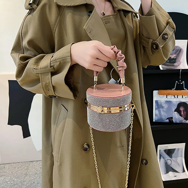 Mini Rhinestone Bucket Bag – Ruched Handle & Chain Crossbody