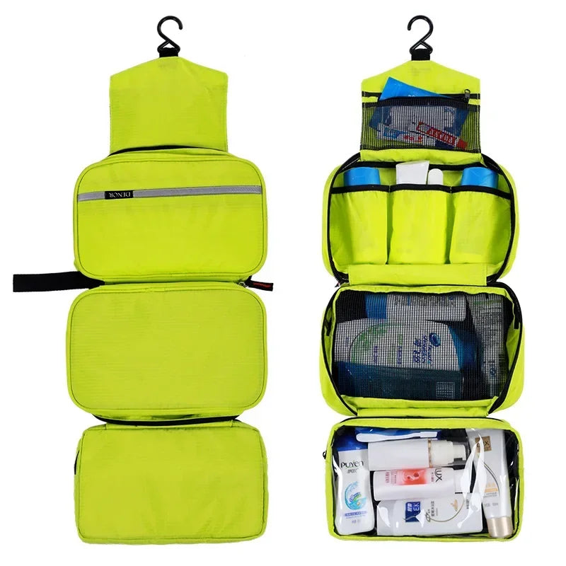 Green hanging toiletry bag unrolled, shown filled with toiletries and the outside of bag