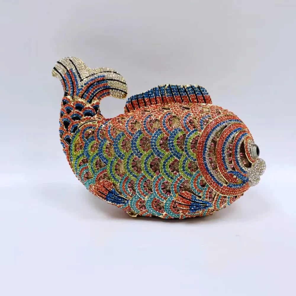 Fish Rhinestone Evening Clutch – Gold Crystal Minaudière Wedding & Party Handbag