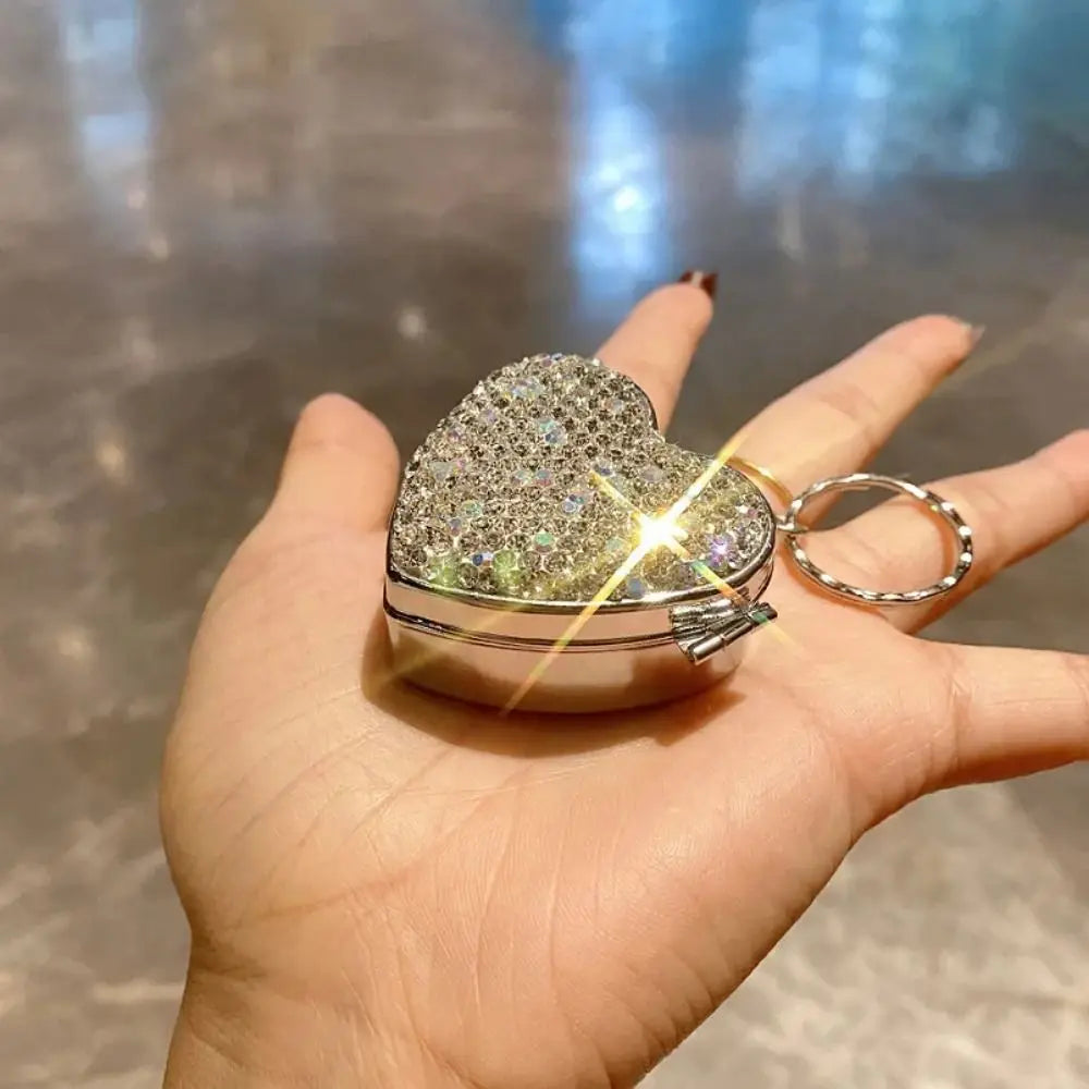 Shiny Rhinestone Heart Pill Box/Jewellery box – Mini Metal Travel Organizer with 2 Sections