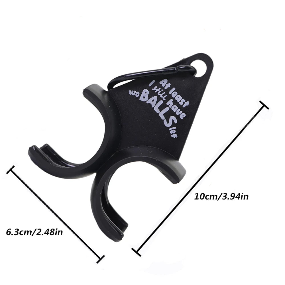 Novelty golf ball holder dimensions showing 10cm x 6.3cm size with carabiner clip and moulded quote detail