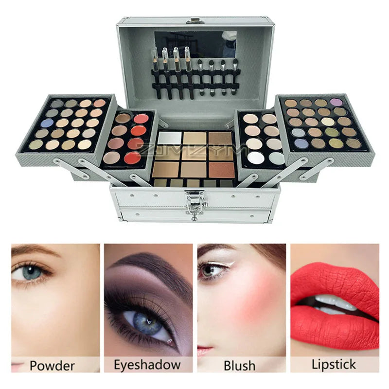 Silver aluminium train case makeup kit fully opened showing fold-out eyeshadow trays, lipsticks, face powders and blush, with example makeup looks for powder, eyeshadow, blush and lipstick