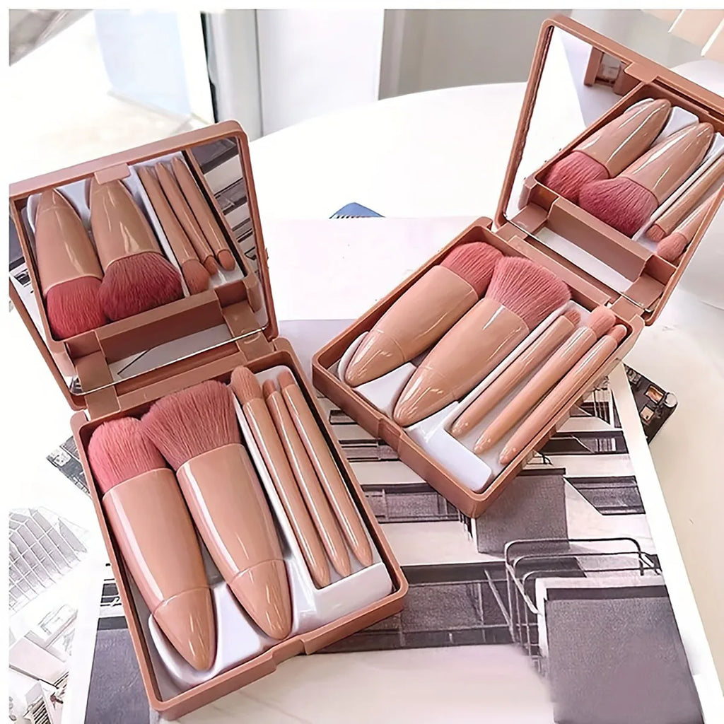 5Pcs Portable Mini Makeup Brush Set With Mirror Foldable Travel Cosmetic Brush Kit for Daily Makeup & Travel Use