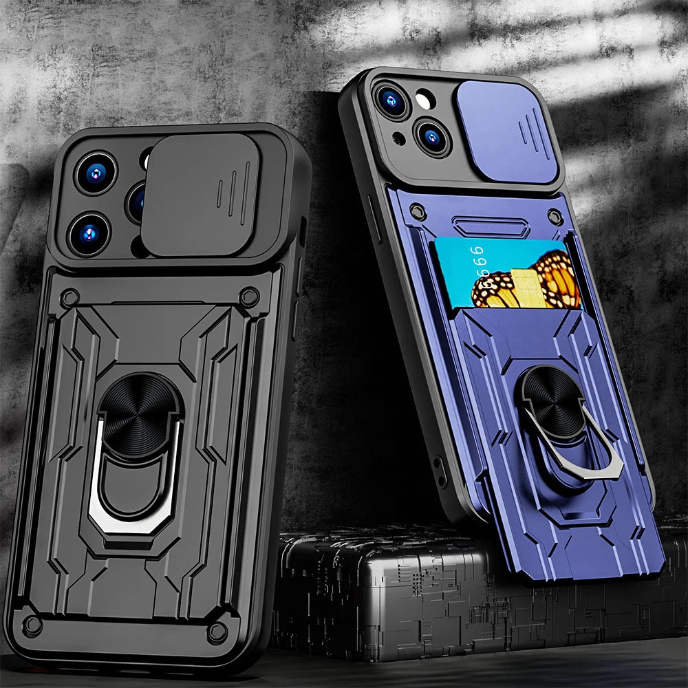 Shockproof iPhone Case with Card Slot & Kickstand – Camera Protection Ring Cover
