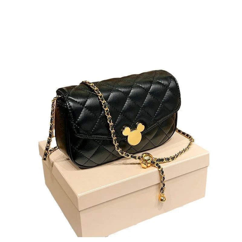 Mini Golden Ball Chain Bag - Leather Crossbody Square Purse with Mickey Detail
