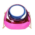 Mini acrylic dome bag in iridescent purple with circular top handle and detachable gold chain strap