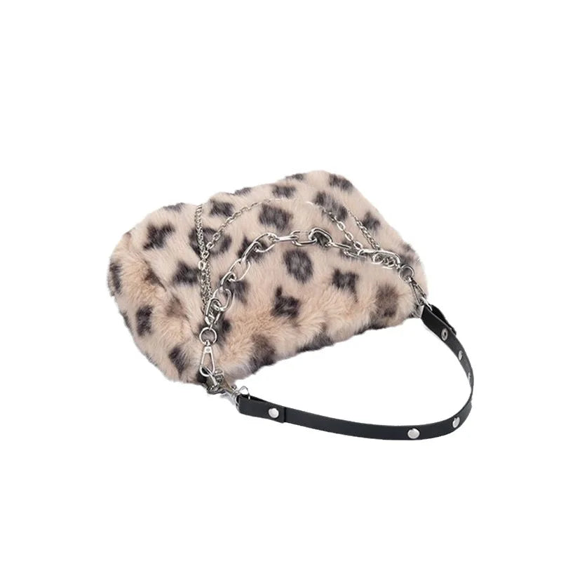 Faux Fur Leopard Print Shoulder Bag – Women's Fluffy Chain Handbag