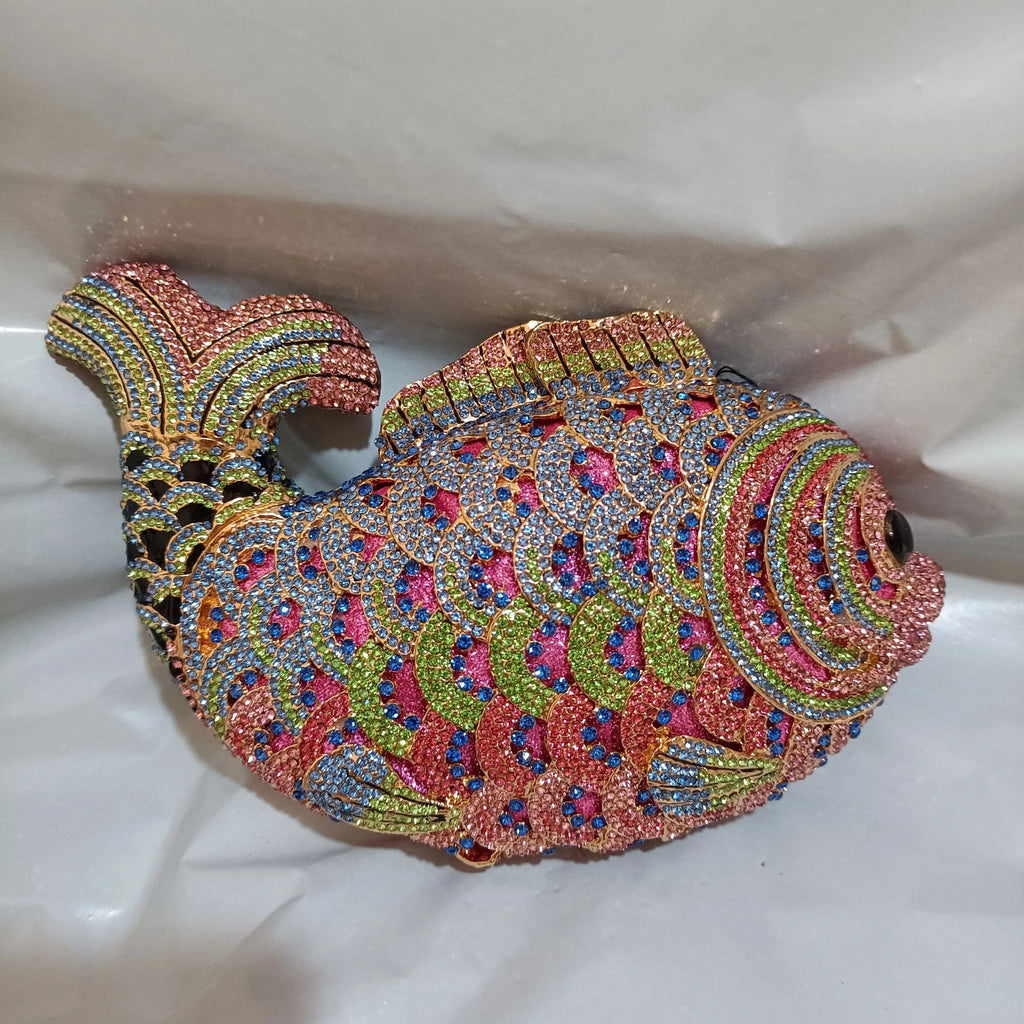 Fish Rhinestone Evening Clutch – Gold Crystal Minaudière Wedding & Party Handbag