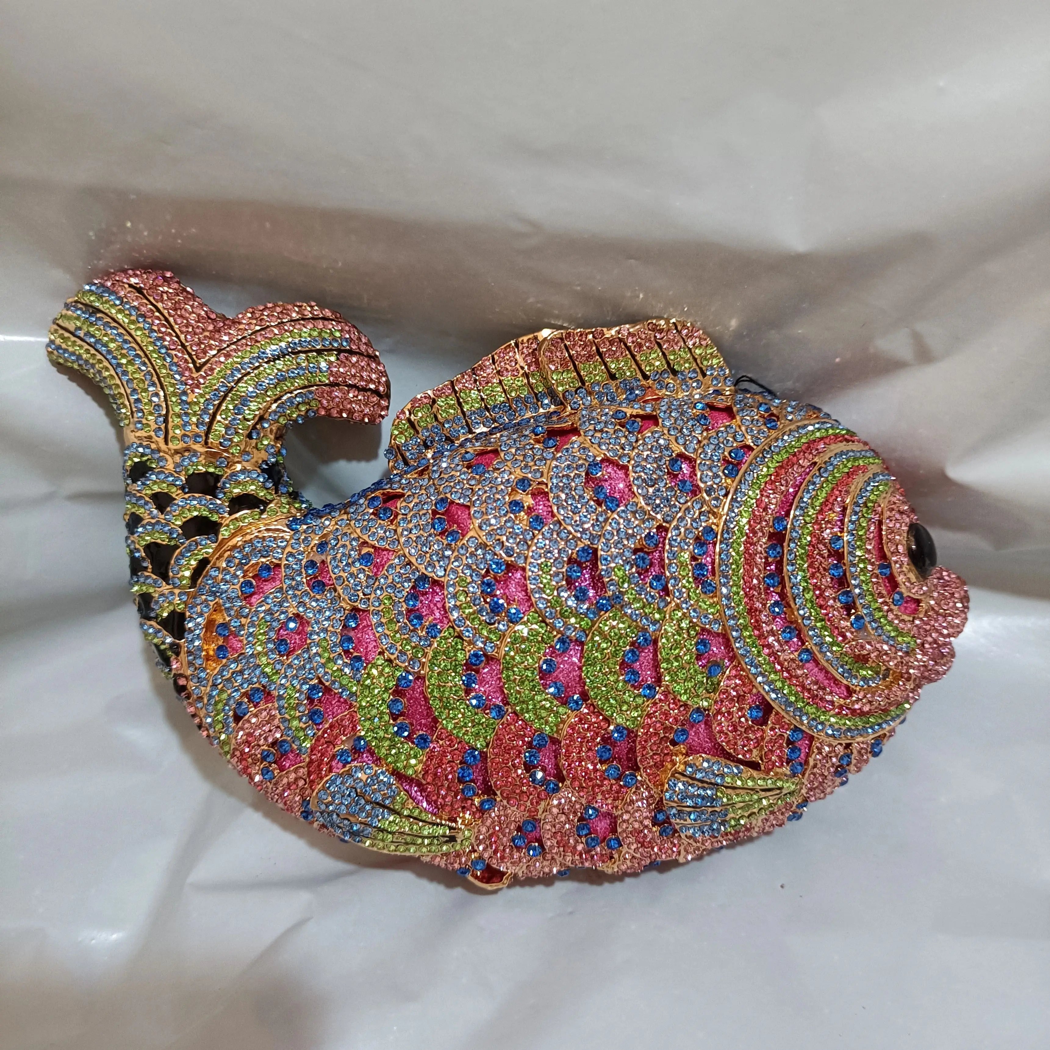 Fish Rhinestone Evening Clutch – Gold Crystal Minaudière Wedding & Party Handbag