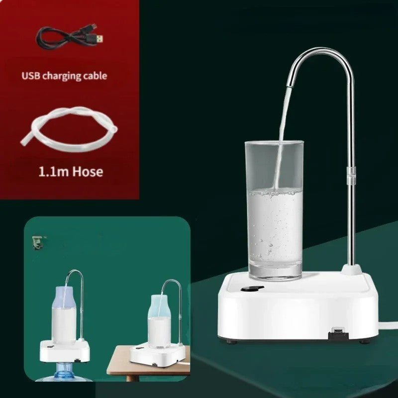 Yellow electric water pump with a gooseneck spout filling a glass, with the USB charging cable and 1.1 m hose shown