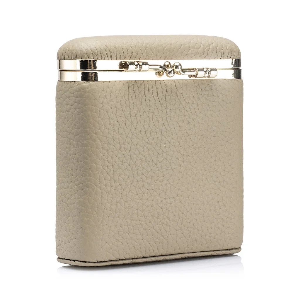 Mini Leather Makeup Case in Gray — compact leather cosmetic storage case with gold-tone clasp, closed front view