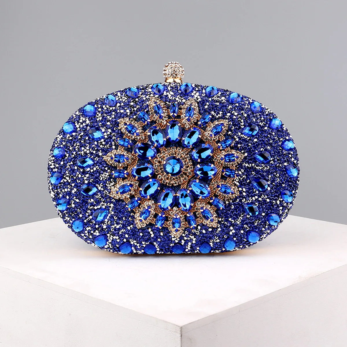 Flower Rhinestone Oval Clutch Purse – Sparkling Acrylic Evening Bag with Detachable Chain