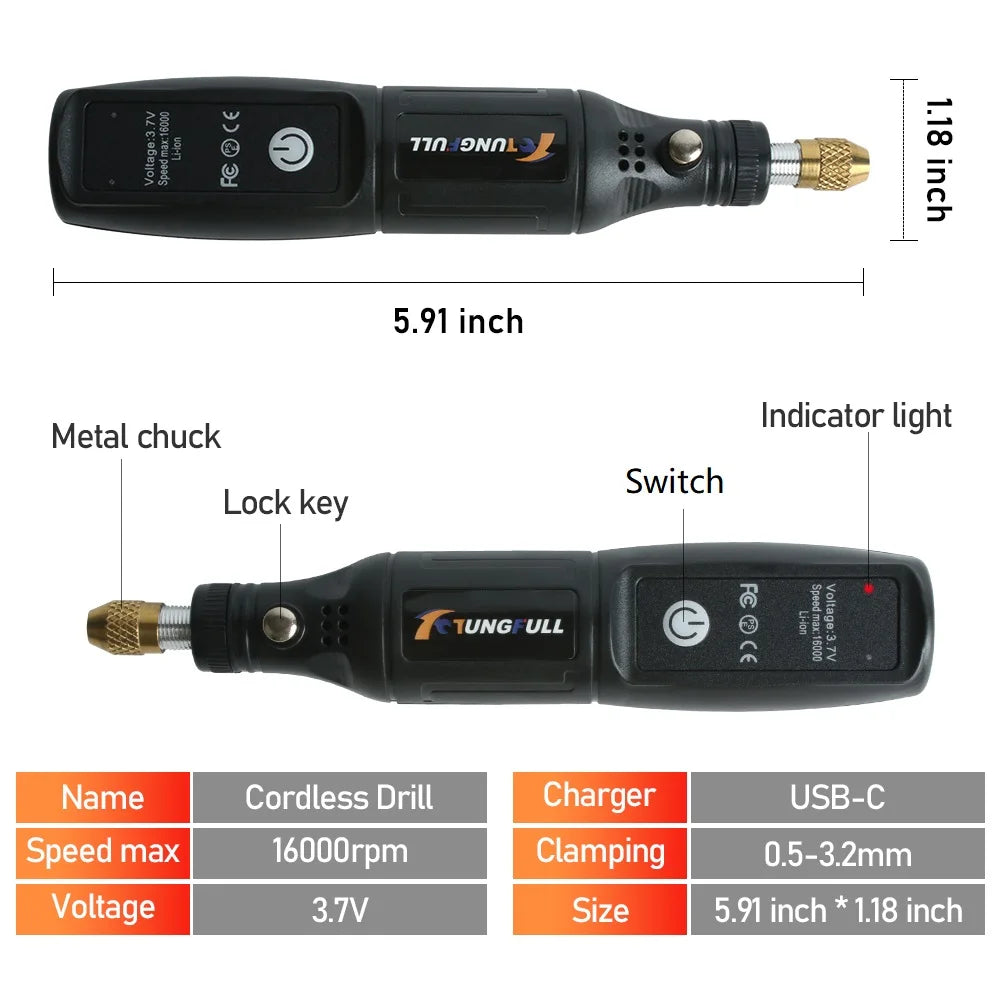 Mini Electric Drill – USB Wireless Handheld Rotary Tool for Wood, Jewellery, Metal, Glass & Nails