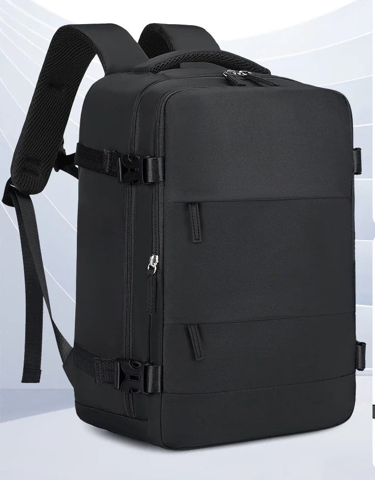 Black 30L compression travel backpack with multiple pockets, compression buckles, and top carry handle — lightweight airline boarding bag