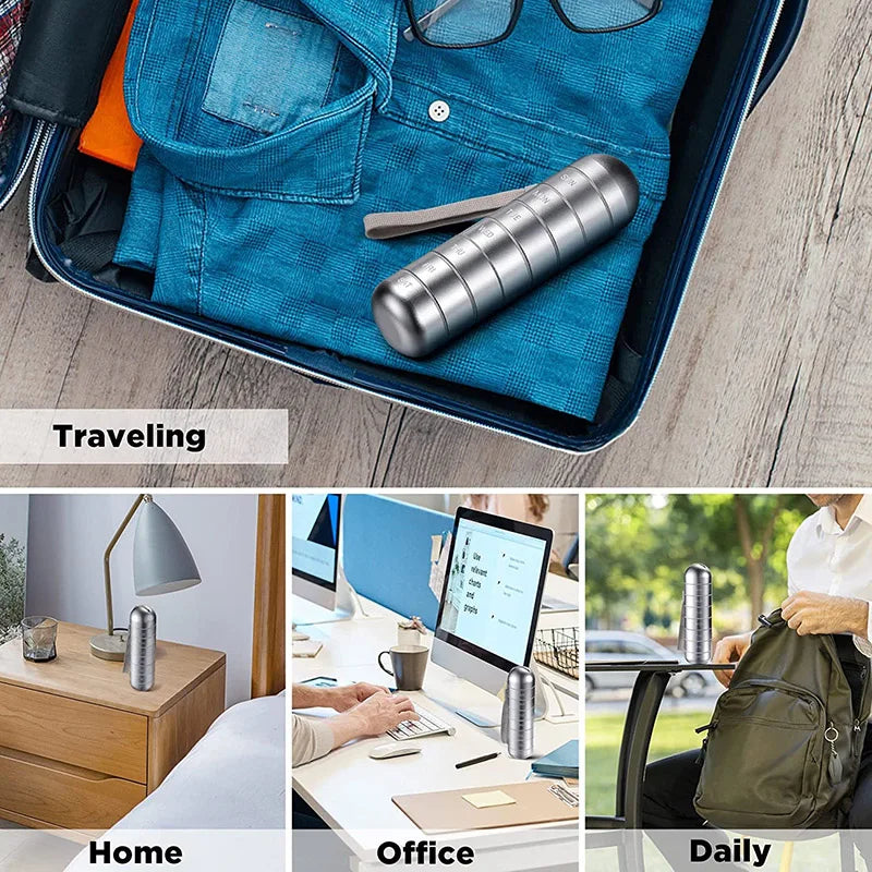 Metal Portable Medicine Box – 7‑Day Aluminium Alloy Waterproof Pill Holder with strap